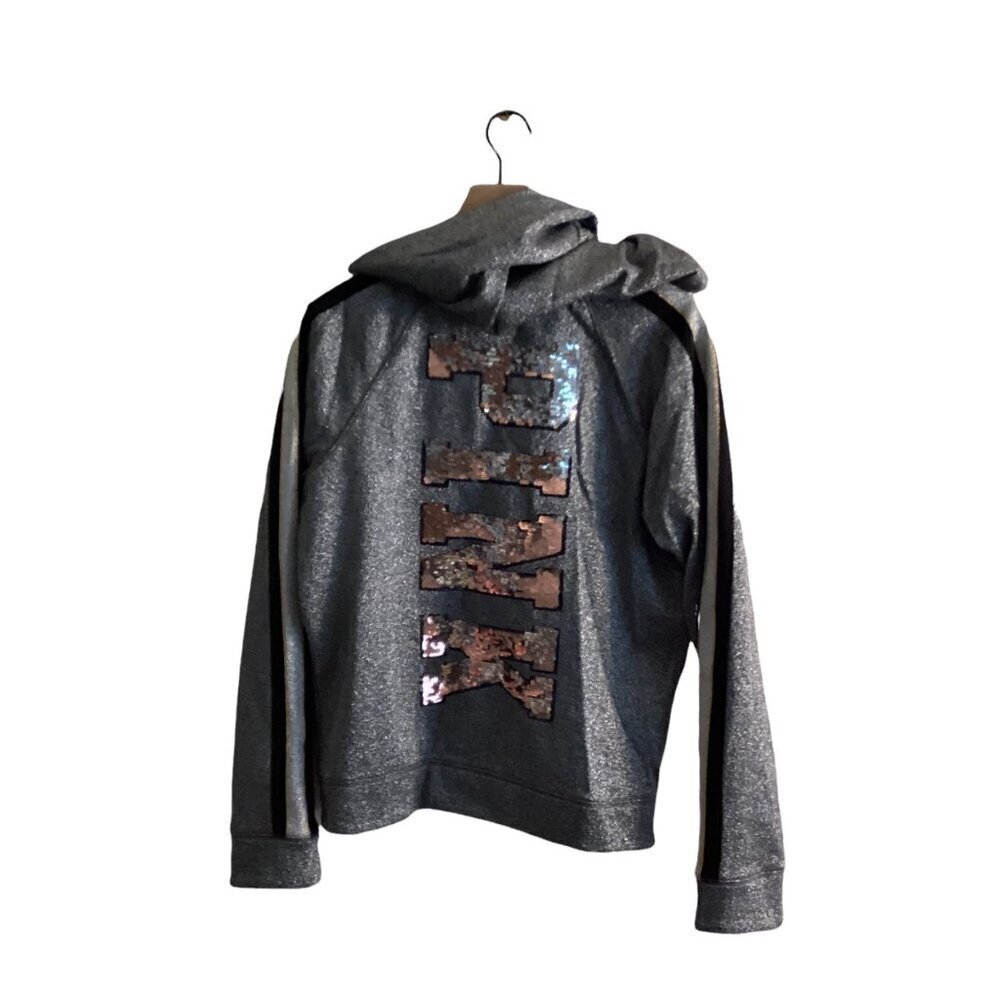 PINK Victoria’s Secret Hoodie Women's Jacket Large – Gray, Sequin Logo, Full Zip - Picture 2 of 9